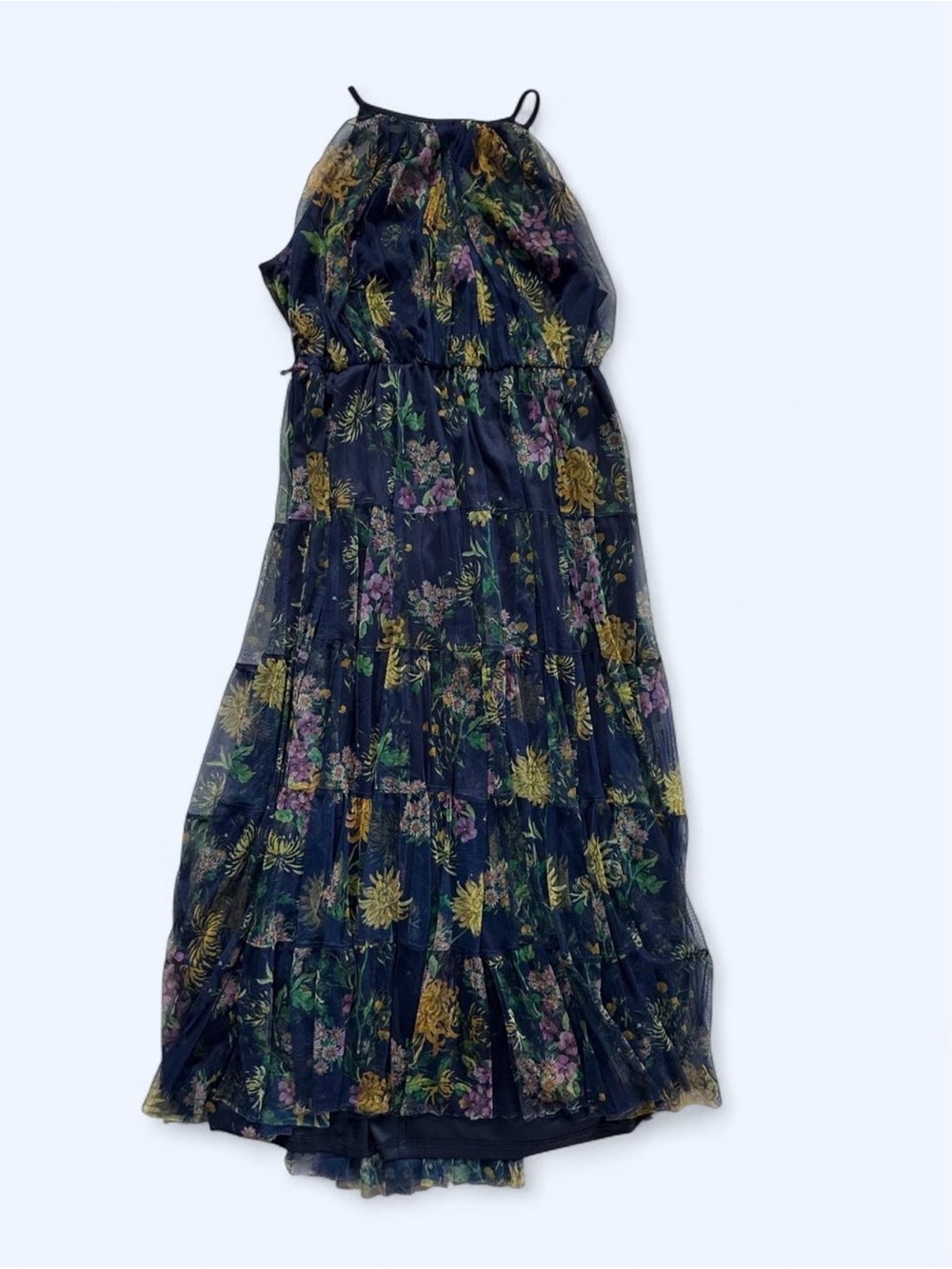 Lovely Grace Floral Tiered Maxi Dress Blue Size 3X Sleeveless Mesh Overlay Boho